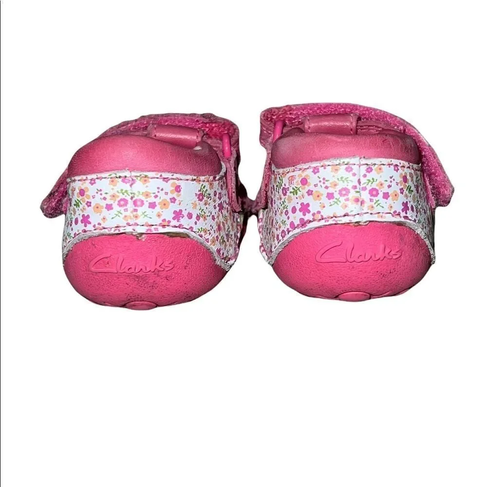 Clarks First Shoes Pink White Floral Leather Strappy Sandals Baby Girl 2.5 GUC